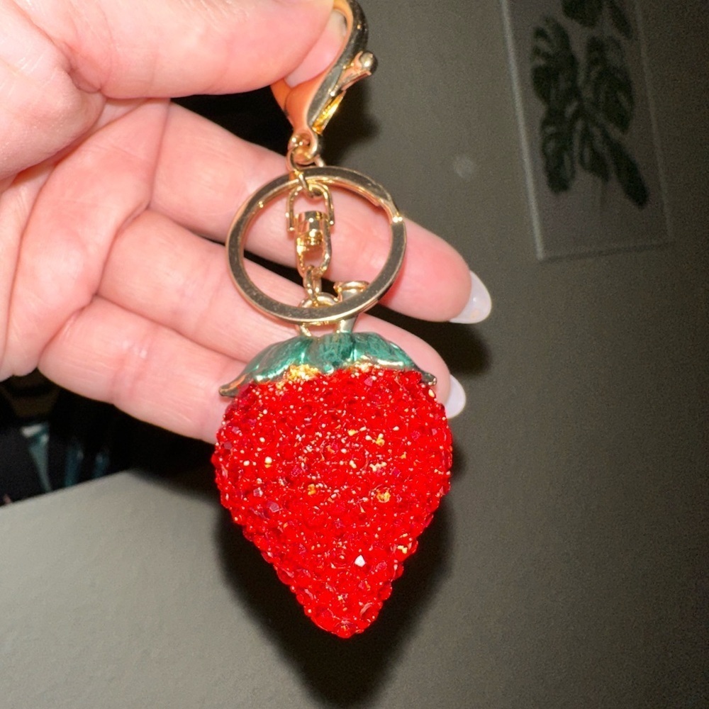 Purse strap accessories strawberry bedazzled bag charm keychain with gold clip